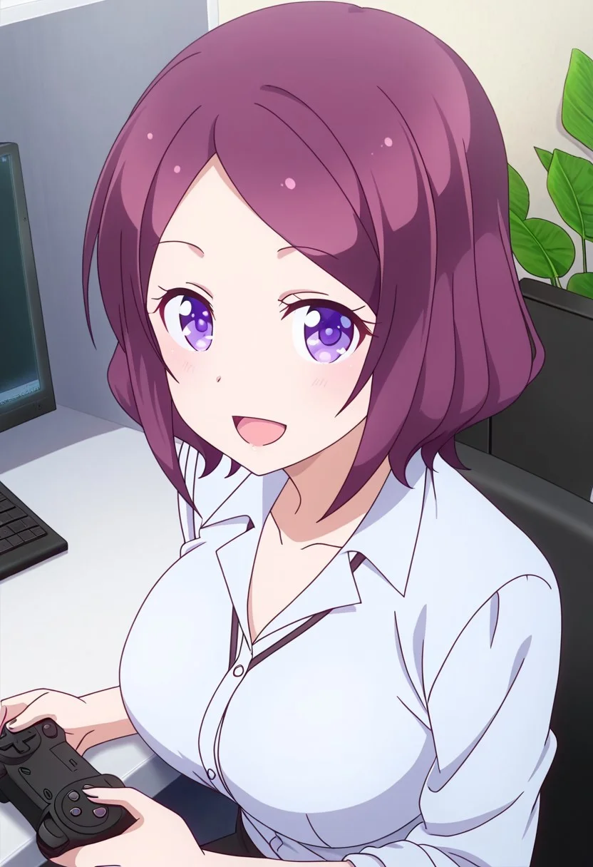general,highres, ultra-detailed,very aesthetic,best quality ,best hands,best eyes,easynegative,
dynamic anglre, dutch angle, anime cloring,anime screencap,
1girl solo,looking at viewer,indoors,office, smile, sitting on chair, computer, desk,game controller, open mouth,
Rin TOOYAMA,purple hair, short_hair, purple_eyes, huge_breasts,