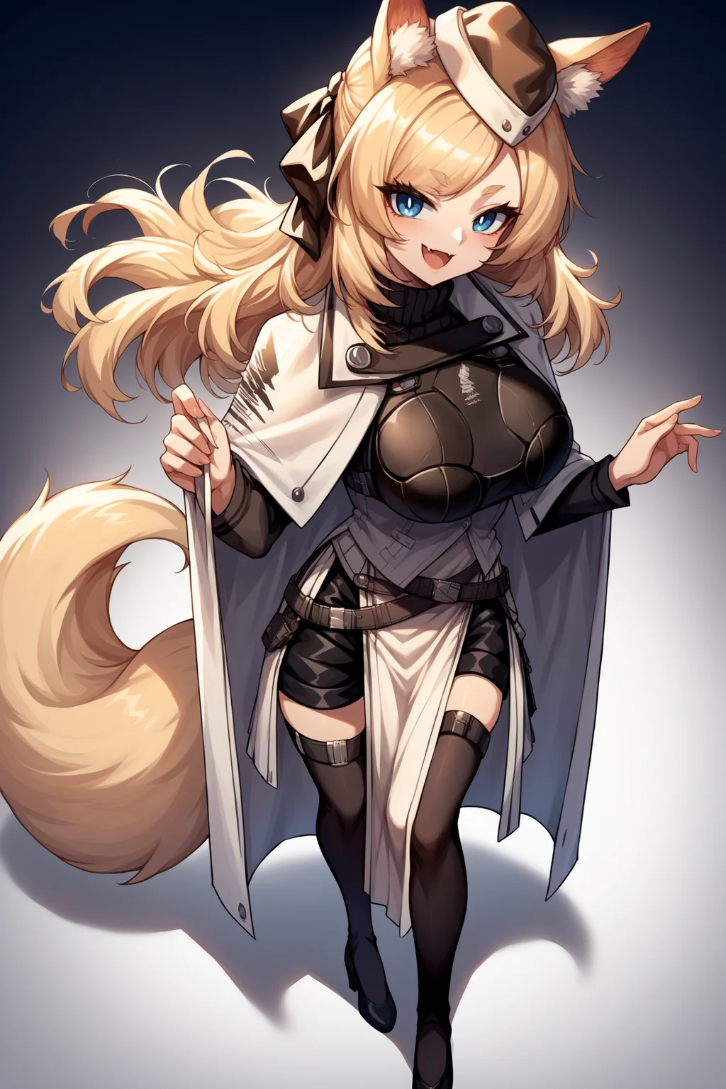 score_9, score_8_up, score_7_up, , rating_general,1girl ,wssd, animal ears, tail, hair ribbon, garrison cap, ribbed sweater, long sleeves, breastplate, white cape, pouch belt, black shorts, pelvic curtain, black thighhighs, high heels, source_anime, smile, :3,  skin fang, open mouth, naughty face, <lora:WhislashPDCAMEv2L AK-000006:1>,