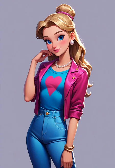 score_9, score_8_up, score_7_up, mgas, masterpiece, best quality, detailed eyes, detailed face, perfect eyes, high detailed, absurdres, highres, casual game art, mobile game art, merge 3 game art, character design, BREAK, 1girl, woman, young, solo, smile, closed mouth, blue eyes, small breasts, beautiful, pink lips, blush, blonde long hair, bun on the back of her head, round pearl earrings, thin gray chain around her neck with a round pearl, burgundy bracelet on her left hand, purple bracelet on her right hand, bright red T-shirt with a cutout on the chest, blue unbuttoned jacket, purple jeans, BREAK right hand at the waist, left hand raised up, left hand palm up, arms bent at the elbows, standing, cowboy shot, semi-sideways, half-sideways, looking at viewer, BREAK simple background, gray gradient background