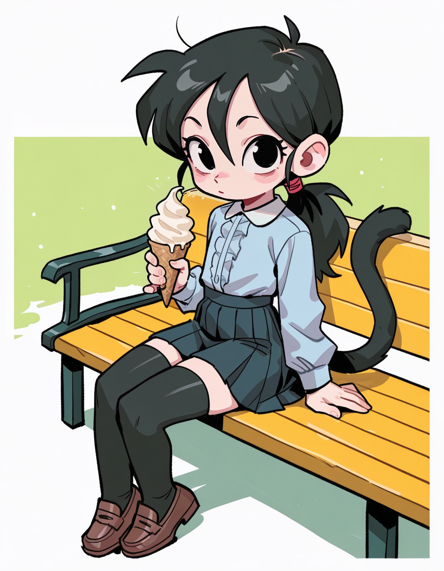 1girl, solo, <lora:knuxze:1> knuxze,
<lora:Chilie:0.8> chi1i, monkey tail, flat chest, looking at viewer, saiyan, black hair, black eyes, black tail, long hair, low ponytail, hair between eyes, child, office lady, suit jacket, blouse, pleated skirt, thighhighs, loafers, sitting on a park bench, savoring an ice cream cone with delight
, extremely detailed, highres, masterpiece, best quality