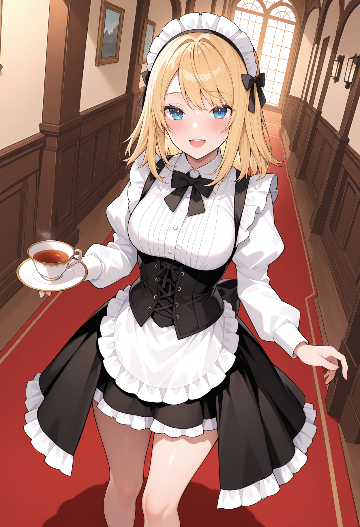 highres, best quality, masterpiece, hallway, european architecture, indoors,
1girl, solo, otmboli, medium hair, blonde hair, blue eyes,
enmaided, black dress, long sleeves, white sleeves, black bow, black corset, overskirt, short dress, maid headdress,
looking at viewer, blush, smile,
dutch angle, upper teeth only, standing, holding cup, teacup, from above,
<lora:_olivia_mobseka-elesico-ilxlA:1>