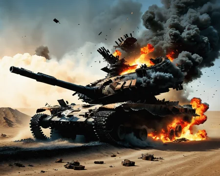 an exploding ((vtnktnk tank):1.0) in a mad max apocalypse film , dslr, 8k, beautiful, (perfect faces), hyper realistic <lora:vtnktnk_SDXL_v1_32-000015:1>