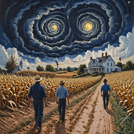 <lora:Rural_EldrichSDXL:1> Rural Eldrich, The image is a painting of a cornfield scene with two men walking on a dirt path in the foreground. The man on the left is wearing a blue shirt and a straw hat and is walking towards a white house on the right side of the image. The house is surrounded by rows of corn stalks and there are trees in the background. The sky is filled with dark clouds and the sun is shining brightly in the center of the sky. Above the house there is a large black spiral-like structure that appears to be a starry night sky. The overall mood of the painting is peaceful and serene., sky, outdoors, cloud, scenery, 2boys, multiple boys, shirt, grass, tree, hat