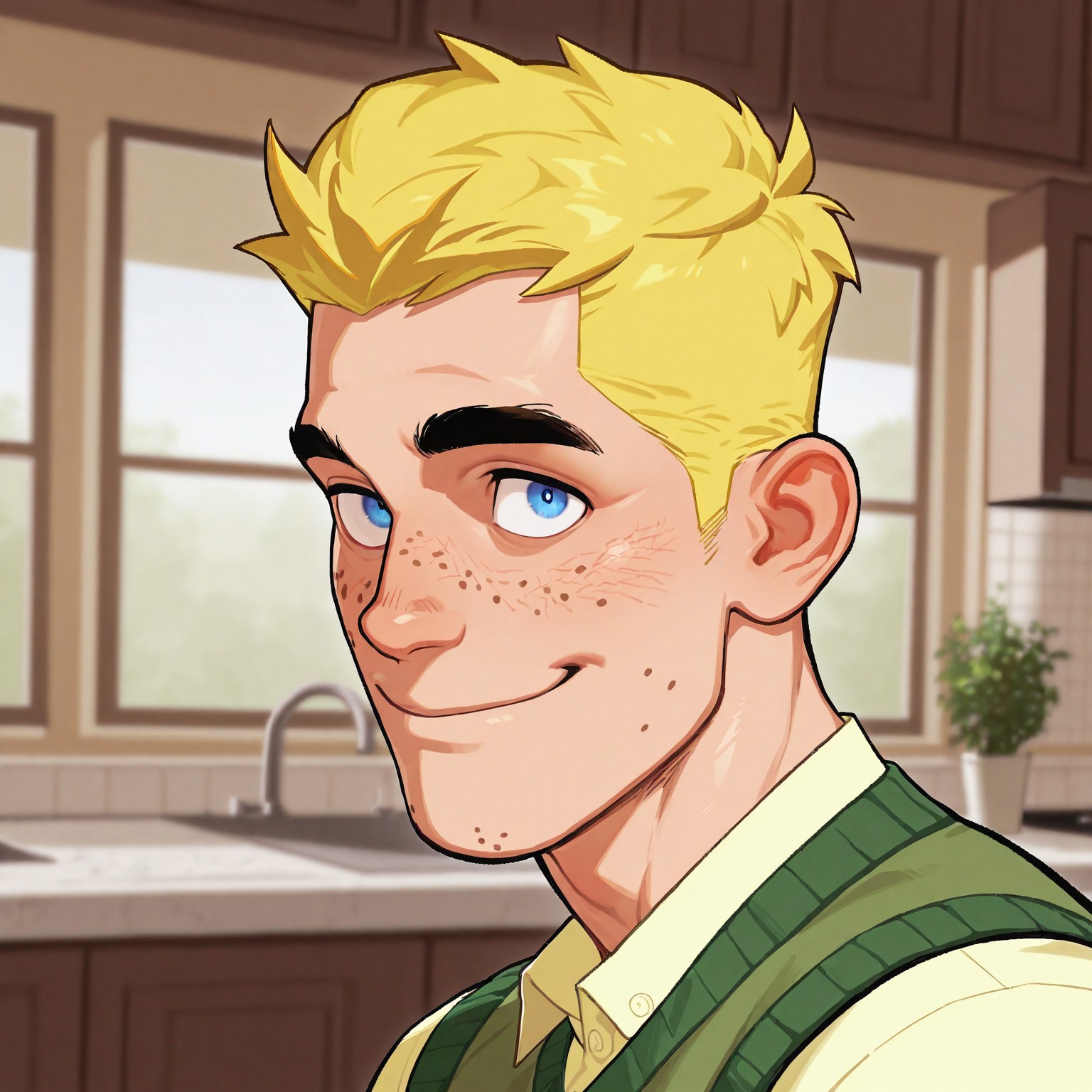 masterpiece, best quality, absurdres, newest, perfect quality, best quality, absolutely eye-catching, detailed background, intricate details, bara, 1boy, male, male focus, solo, mature, yellow hair, short hair, blue eyes, thick eyebrows, freckles, yellow shirt, green sweater vest, brown pants, bara, muscular, large pectorals, large biceps looking at viewer, face close-up, portrait, looking at viewer, side view, smile, kitchen scenery, very awa, best quality, absurdres, newest, perfect quality, detailed background, intricate details, (artist:rokudenashi:0.8), (artist:dizdoodz:0.7), (artist:gomtang:0.6)