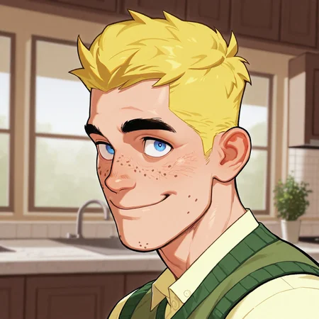 masterpiece, best quality, absurdres, newest, perfect quality, best quality, absolutely eye-catching, detailed background, intricate details, bara, 1boy, male, male focus, solo, mature, yellow hair, short hair, blue eyes, thick eyebrows, freckles, yellow shirt, green sweater vest, brown pants, bara, muscular, large pectorals, large biceps looking at viewer, face close-up, portrait, looking at viewer, side view, smile, kitchen scenery, very awa, best quality, absurdres, newest, perfect quality, detailed background, intricate details, (artist:rokudenashi:0.8), (artist:dizdoodz:0.7), (artist:gomtang:0.6)
