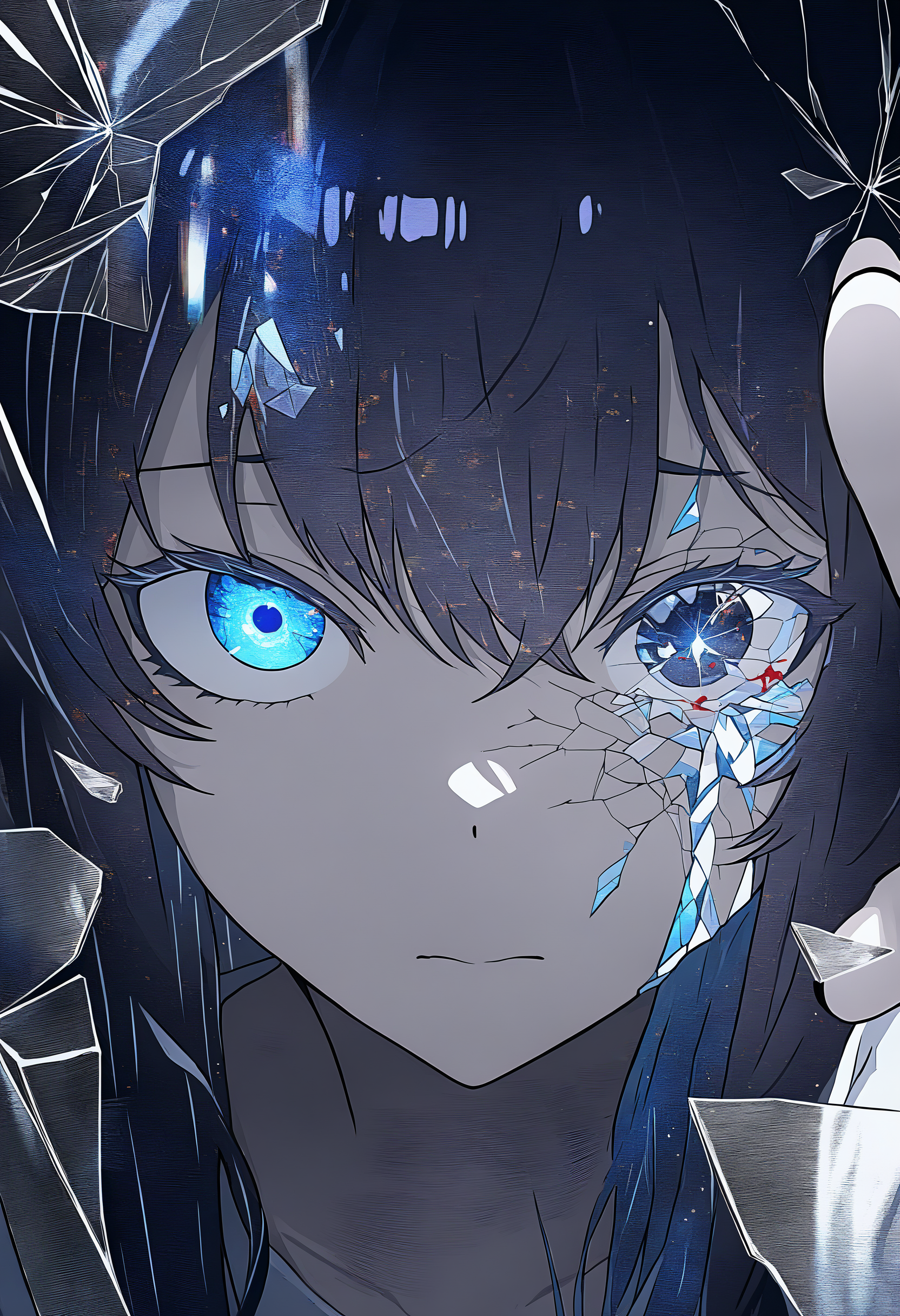 abstract, disintegration, masterpiece, best quality, <lora:CrystalHair_illusXL_Incrs_v1:1>, crystal hair, shiny hair, blue crystal hair, colored eyelashes, crack, upper body, reflection, cracked skin, glitch, glitching, aesthetic, ethereal lighting, purple, nighttime, darkness, fantasy, spot color, blue and black theme, dark, sad, strong visual impact, film lighting, looking at viewer, foreshortening, dynamic pose, reflection, glass shards, broken glass, reaching towards viewer, shatter across face, blood from eyes, split, glass over on eye, glass across face, glowing eye, different reflection,