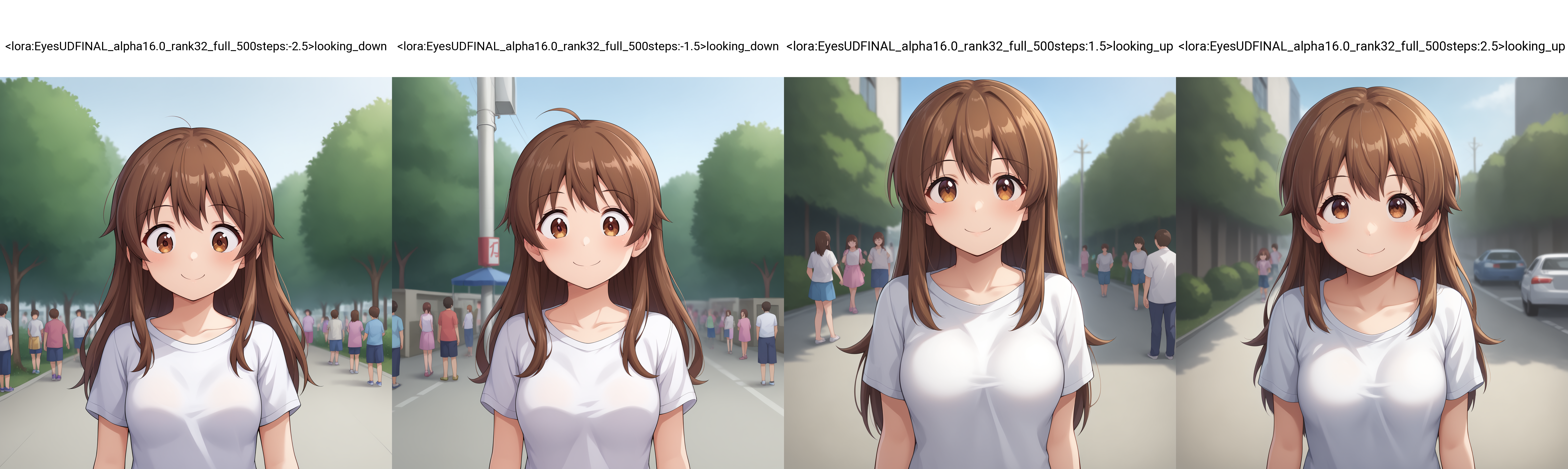 score_9,source_anime,anime style,
medium breasts,<lora:Breast Slider - Pony_alpha1.0_rank4_noxattn_last:1>,<lora:Nipple Size Slider_alpha1.0_rank4_noxattn_last:-0.5>,<lora:d3t41l3dXLP:0.25>,<lora:m0njy4XLP:0.35>,<lora:susamix010-pony:0.3>,<lora:cutecorestyle:0.3>,cute,kawaii,outdoors,in public,long hair,brown hair,brown eyes,facing viewer,from front,white t-shirt,<lora:EyesUDFINAL_alpha16.0_rank32_full_500steps:-2.5>looking_down,smile,