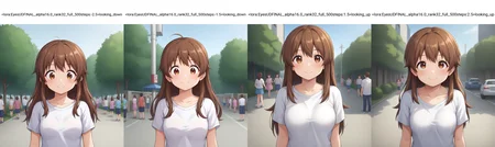 score_9,source_anime,anime style,
medium breasts,<lora:Breast Slider - Pony_alpha1.0_rank4_noxattn_last:1>,<lora:Nipple Size Slider_alpha1.0_rank4_noxattn_last:-0.5>,<lora:d3t41l3dXLP:0.25>,<lora:m0njy4XLP:0.35>,<lora:susamix010-pony:0.3>,<lora:cutecorestyle:0.3>,cute,kawaii,outdoors,in public,long hair,brown hair,brown eyes,facing viewer,from front,white t-shirt,<lora:EyesUDFINAL_alpha16.0_rank32_full_500steps:-2.5>looking_down,smile,