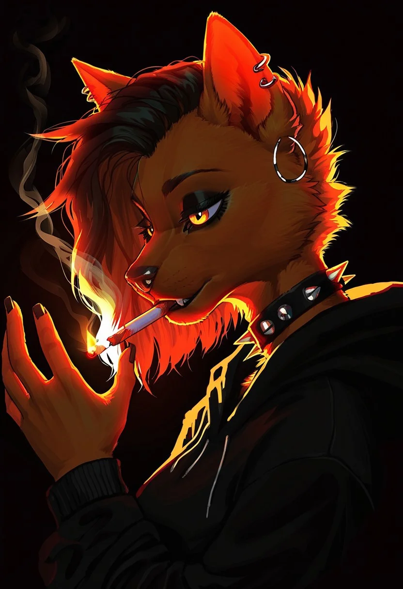 best quality, amazing quality, very aesthetic, absurdres, hand, Perfect hand, Detailed hand, anthropomorphic character, furry art, female anthro cat, orange fur, large eyes, black eyeliner, pierced ears, spiked choker, hoop earring, emo aesthetic, edgy style, smoking, cigarette in mouth, lighting a cigarette, lighter with flame, black nails, black hoodie, hoodie with tribal sleeve design, dim lighting, soft shadows, warm color palette, dramatic lighting, relaxed pose, close-up, side view, expressive eyes