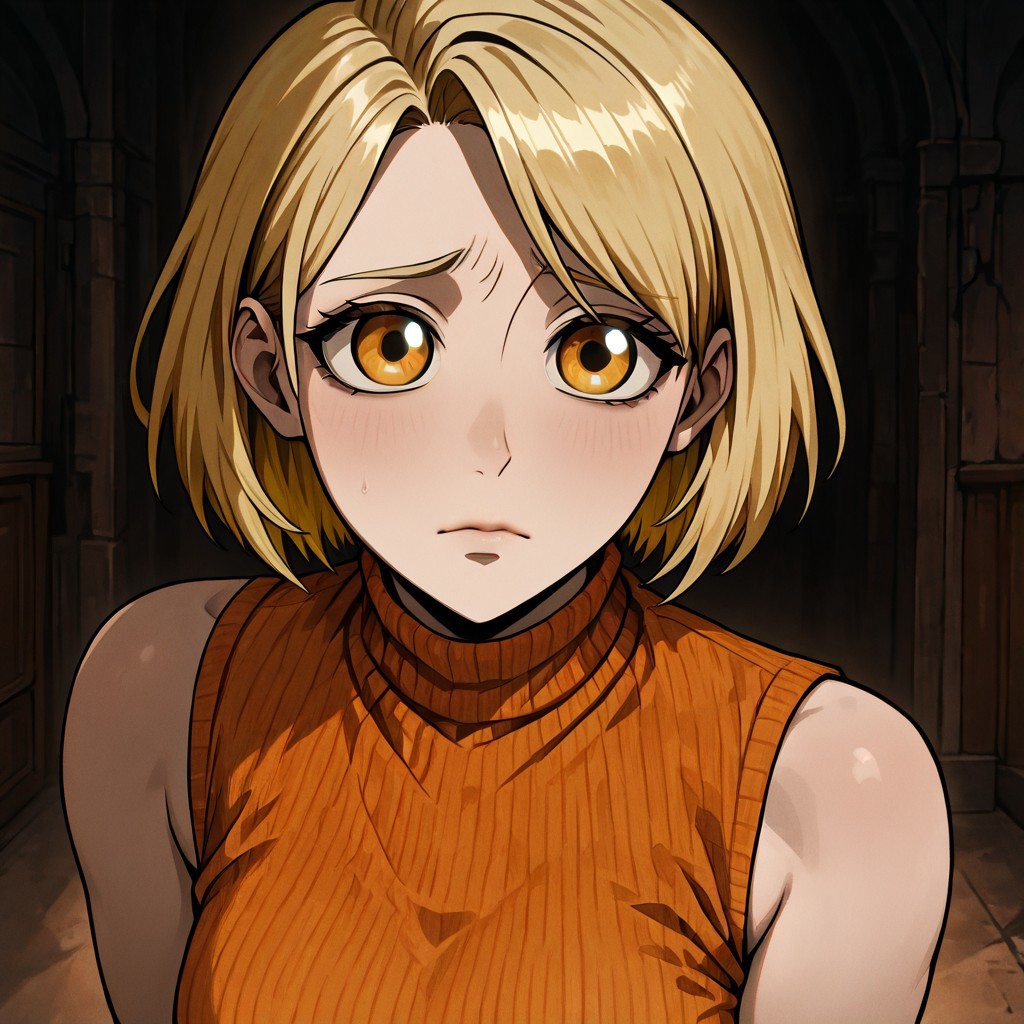 masterpiece, best quality, newest, absurdres, highres, P/PEV1.0, pleading eyes, 1girl, ashley graham (resident evil), blonde, orange shirt, blonde hair, orange sweater, 
sleeveless, sleeveless sweater, sleeveless tutrleneck, turtleneck, short hair, curtained hair,