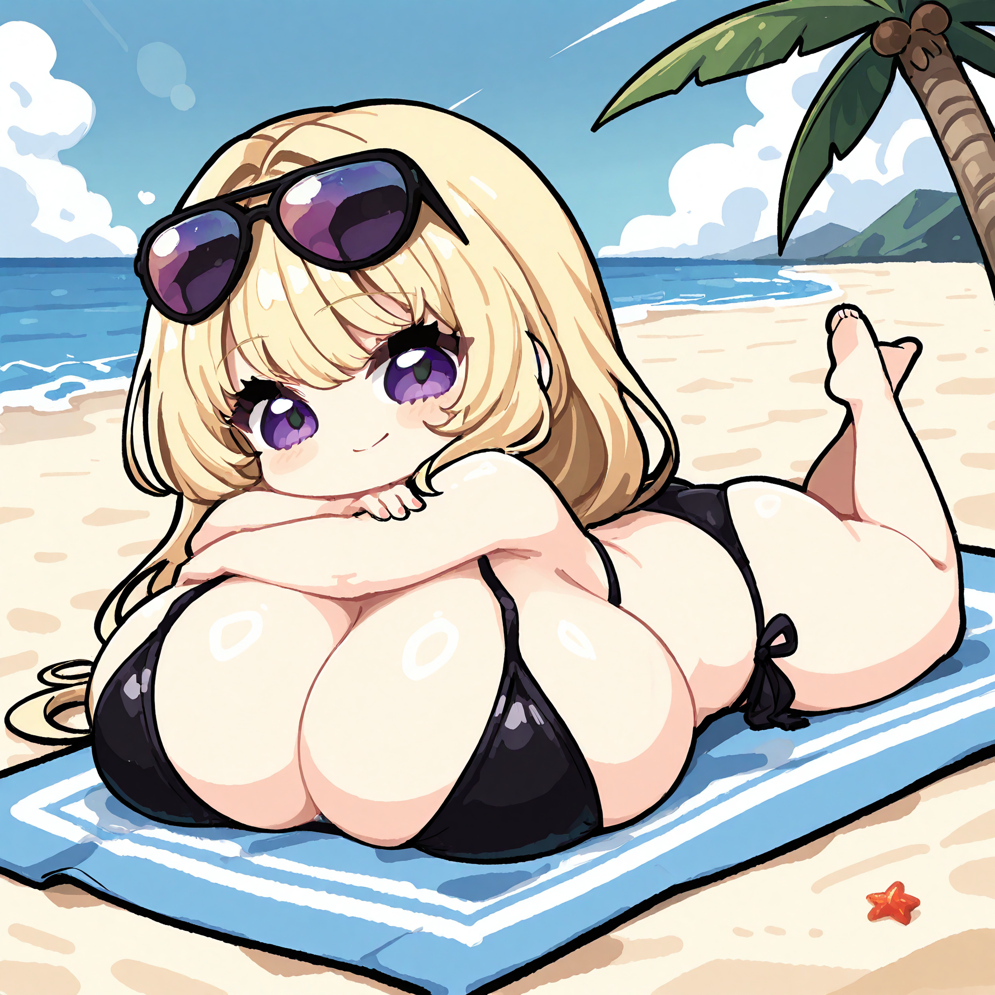 (masterpiece), best quality, (highly detailed), 1female, solo, <lora:Zakuroten_style_Illustrious:0.8> , chibi, bikini, beach towel, beach, black bikini, lying on stomach, gigantic breasts, sunglasses, blonde hair, long hair, smile, purple eyes, ocean, palm trees,