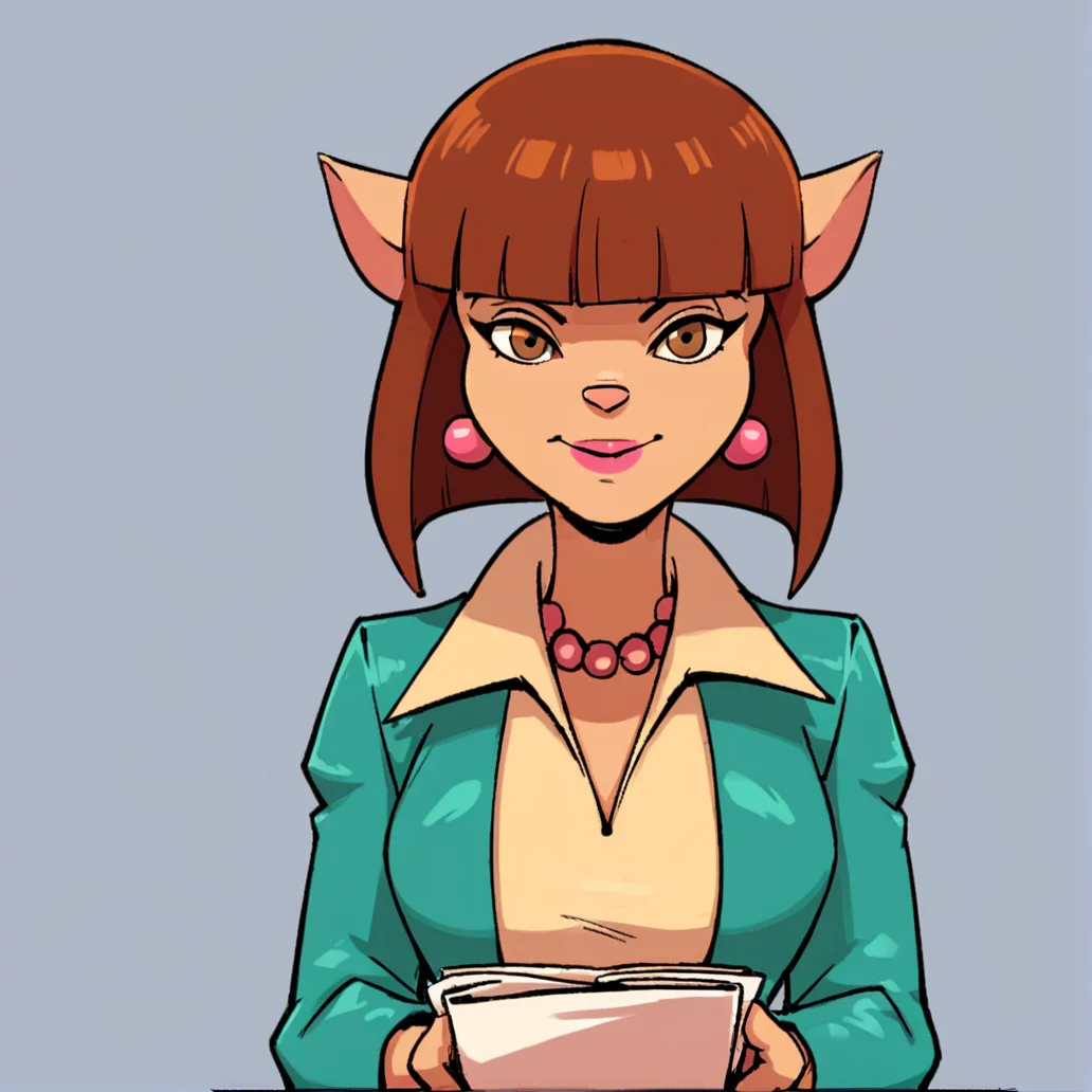 score_9, score_8_up, score_7_up, score_6_up, score_5_up, score_4_up, (Source furry), (rating safe),  <lora:ann_gora:1>, ann gora, 1girl, solo, breasts, looking at viewer, smile, bangs, shirt, holding, jewelry, jacket, upper body, earrings, pointy ears, blunt bangs, necklace, lips, makeup, bob cut, green jacket, pearl necklace, catgirl, furry female, animal nose, cat ears, short hair, brown hair, bluntbangs, brown eyes, pink lipstick