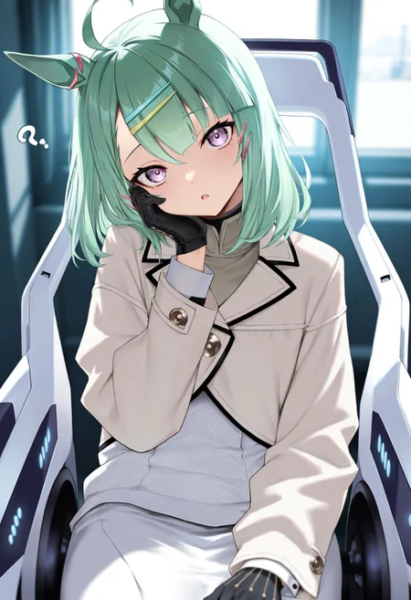 masterpiece,best quality,amazing quality,very aesthetic,high resolution,ultra-detailed,absurdres,newest,scenery,
1girl,solo,umamusume,sugar lights \(umamusume\),himari \(blue archive\) \(cosplay\),green hair,purple eyes,(medium hair:1.2),sitting on powered wheelchair,surprised,(confused:1.1),?,(@_@:1.1),hand on own cheek,head tilt,looking at viewer,cowboy shot,white cardigan,black gloves,white skirt,long sleeves,alternate costume,<lora:sugarlightsillv1:1>,no halo, HDR,photo background,detailed eyes,detailed hands,detailed clothing,detailed shading,dim lighting,chiaroscuro,BREAK depth of field,masterpiece,best quality,amazing quality,very aesthetic,high resolution,ultra-detailed,absurdres,newest,scenery,volumetric lighting,