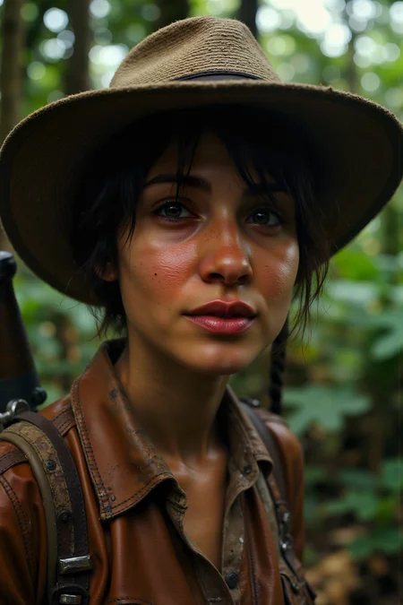 A hyper-realistic close-up of an explorer, her face tanned from the sun and her wide-brimmed hat casting a shadow over sharp, determined eyes. Her short, messy hair is streaked with dust, and a faint smile plays on her lips as she surveys the jungle around her. The background is a dense, tropical rainforest, with towering trees and vines, the air thick with humidity. Her weathered leather jacket is covered in small scratches and patches from her many adventures, and a well-worn map peeks out from her breast pocket. Realistic reflections on the sweat beading on her forehead and the fine details in the stitching of her jacket create a sense of rugged durability. Her hand rests lightly on the hilt of a machete, ready to cut through the thick foliage, as her bright eyes scan the horizon for hidden treasures.<lora:aidmaMJ6.1-FLUX-V0.1:0.6><lora:Movie_Portrait><lora:Flux DetailerV2>
