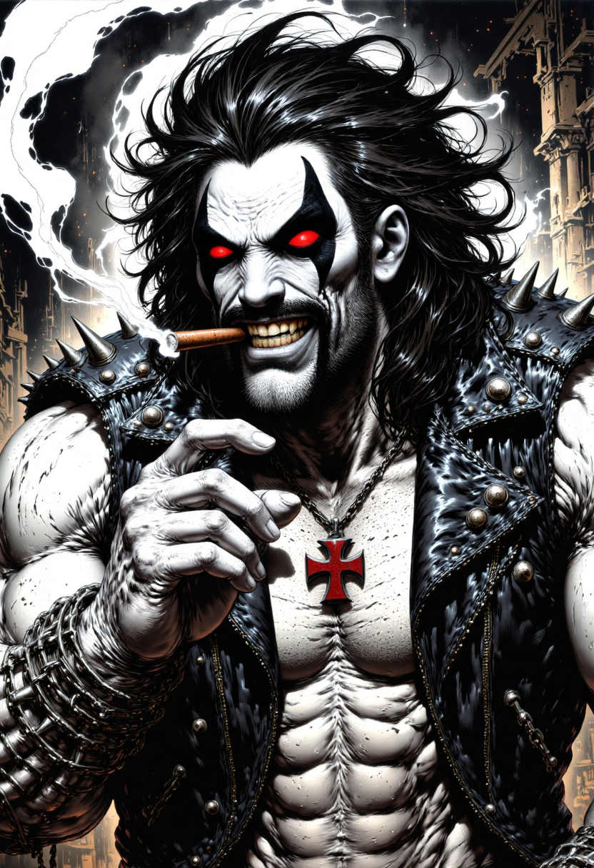 black and white ink style picture of L0b0Dc man smoking a cigar, menancing appearance,  His long messy hair,  eyes are an intense and frightening, matching the environment that surround him, he is dressed in a sleeveless leather jacket with metal spikes, showing his huge muscular build and pale white skin, he wears a red cross pendant and has chains around his forearm. black background soft lighting, bright, eye-catching, dynamic., l1n0c2t, l1n0c2t<lora:CustomFlux/L0b0Dc.safetensors:1.0:1.0> <lora:Flux/Linocut - s1 g4.safetensors:0.5:0.5> <lora:CustomFlux/MysticFantasy.safetensors:0.4:0.4>