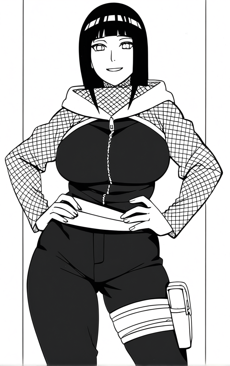 score_9,score_8_up,score_7_up, 
BlackAndWhite_NarutoManga_ownwaifu, (monochrome), 
1girl, hyuuga hinata, smile, forehead protector, konohagakure symbol, hood, pants, looking at viewer, large breasts, long hair, long sleeves, fishnets, blunt bangs, thigh pouch, 
 (contrapposto, hand on hip),
<lora:PONYXL_NarutoMangaColored_ownwaifu:0.95>,