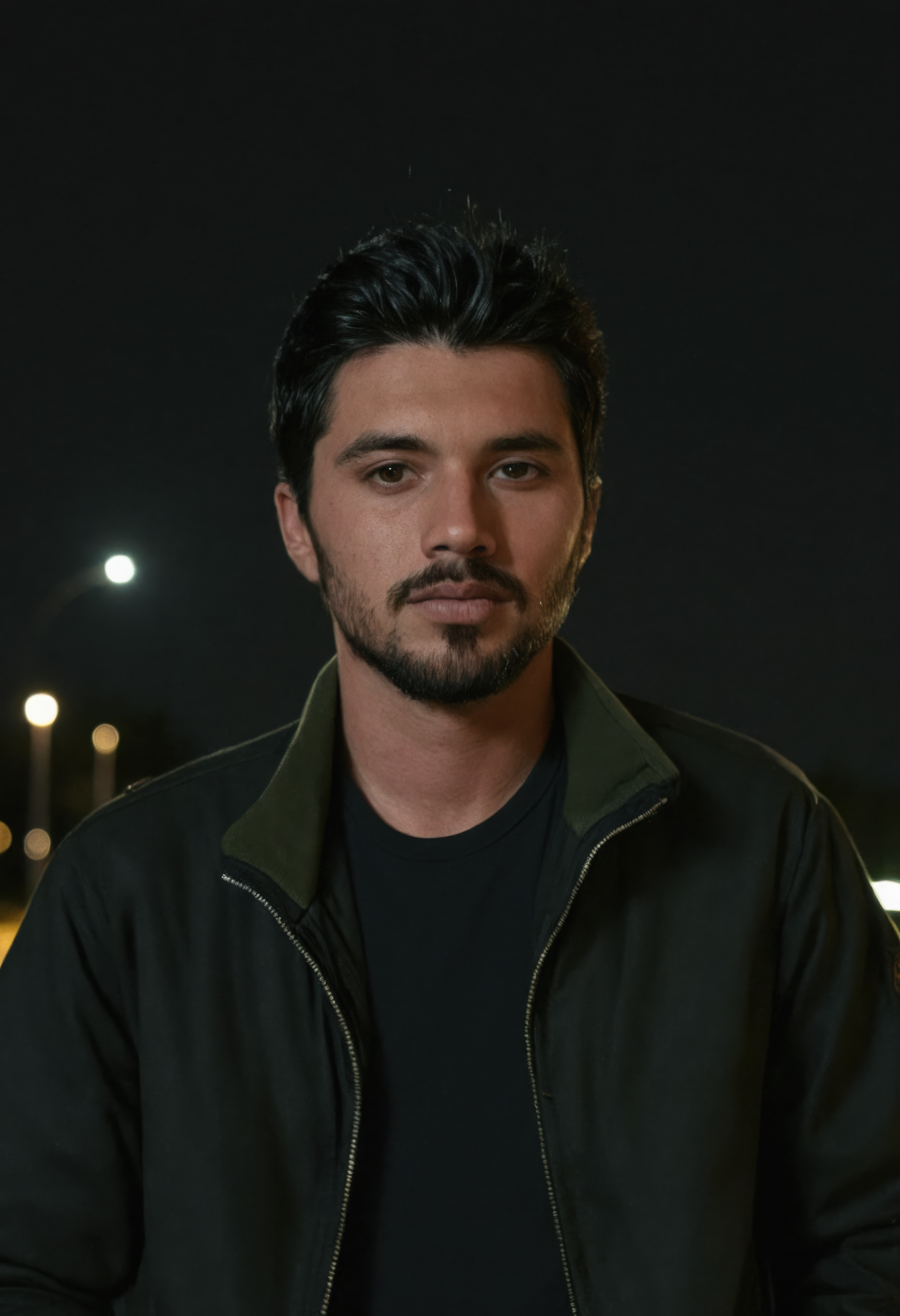 nighttime, 1boy, male focus, black hair, solo, facial hair, jacket, looking at viewer, \m/, shirt, realistic, <lora:sdxl_nighttime:1>