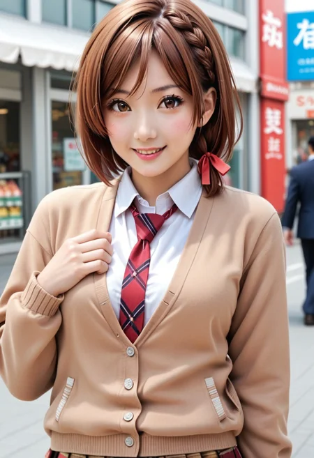 Japanese girl, photorealistic, sakuramori akane, 1girl, solo, looking at viewer, blush, smile, short hair, brown hair, shirt, long sleeves, ribbon, brown eyes, school uniform, hair ribbon, white shirt, braid, necktie, collared shirt, plaid skirt, cardigan, red necktie, side braid, one hand on chest, brown cardigan, pedestrian, cities shopping district, side view, proportional body, cowboy shot, slender body,
