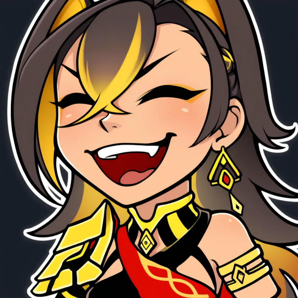 sticker, colorful, outline,
masterpiece, best quality, very aesthetic, absurdres,
1girl, dehya \(genshin impact\), genshin impact, laughing, open mouth,
upper body, black background, simple background, <lora:StickerNoobLocon_byKonan:1>