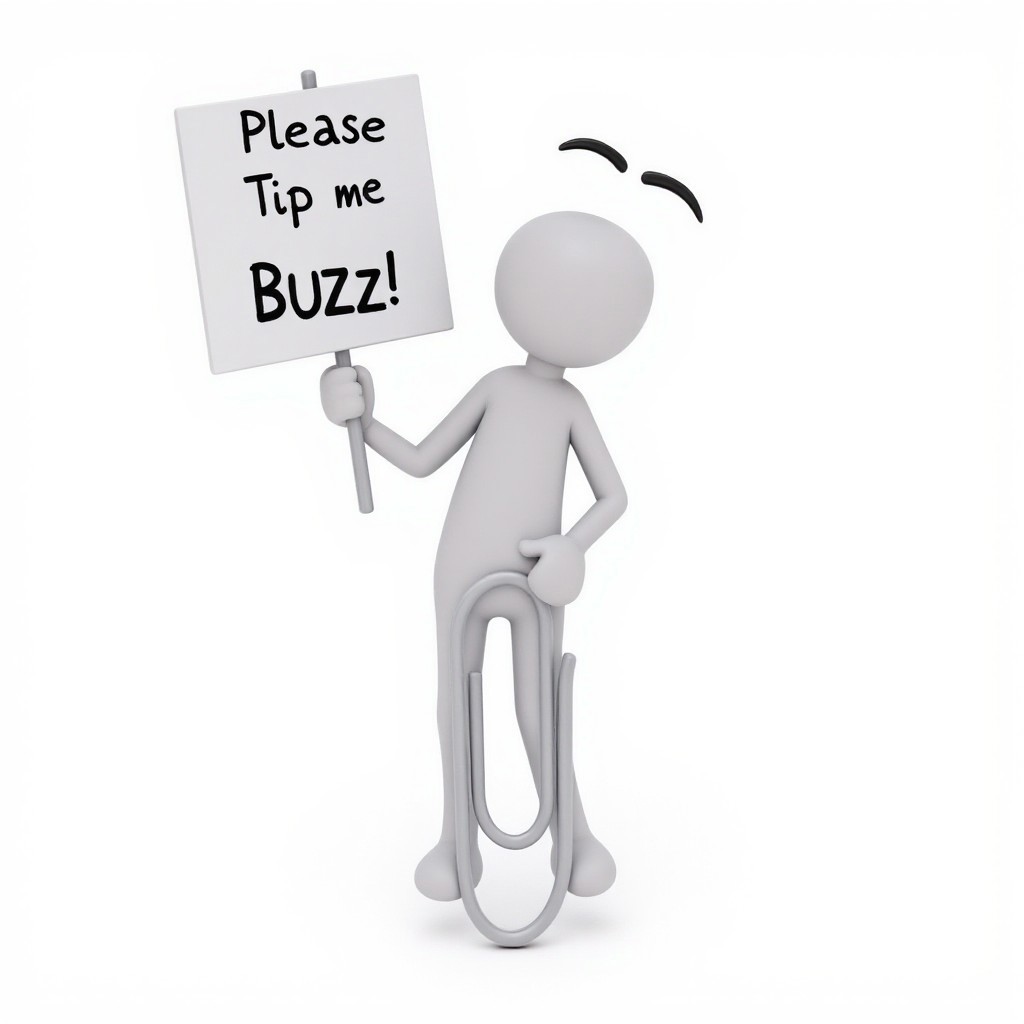 solo, clippy, holding a sign that says "Please tip me buzz!", text, white background, plain background, cartoon, masterpiece, best quality, absurd res, fine details