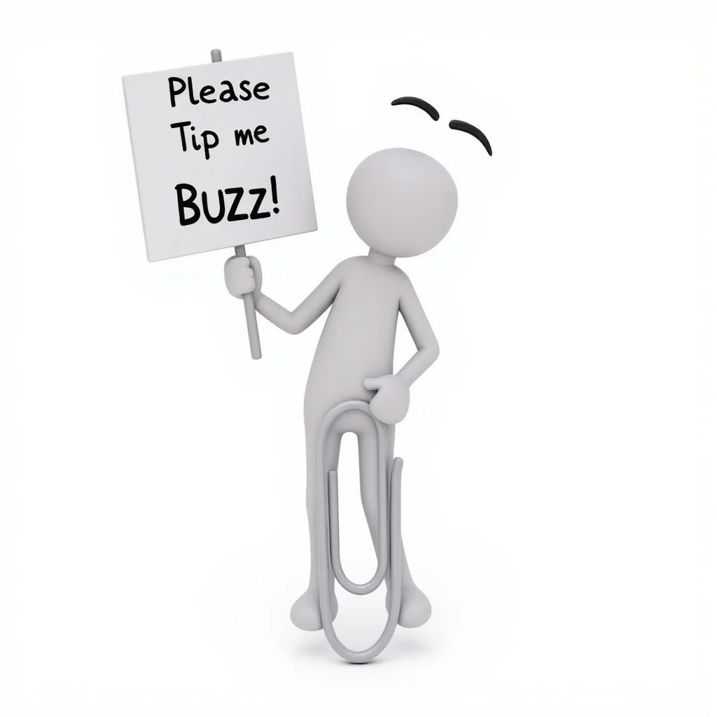 solo, clippy, holding a sign that says "Please tip me buzz!", text, white background, plain background, cartoon, masterpiece, best quality, absurd res, fine details