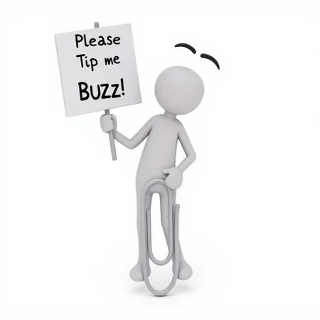 solo, clippy, holding a sign that says "Please tip me buzz!", text, white background, plain background, cartoon, masterpiece, best quality, absurd res, fine details