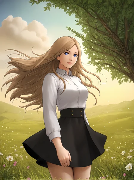 score_9,
<lora:matoc_v1_pruned:1>,
1girl,
long hair, light brown hair, brown hair, blue eyes,
black high waist skirt, white shirt,
looking at viewer, light smile,
cowboy shot,
outdoors, flowers, grass,
hair in wind,
high resolution, Masterpiece, detailed