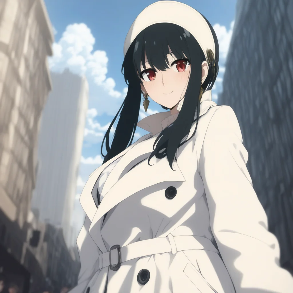 masterpiece, best quality, highres, 4k, 8k, intricate detail, cinematic lighting, amazing quality, amazing shading, soft lighting, Detailed Illustration, anime style, yorbriar, yor briar, black hair, red eyes, earrings, white hairband, hairband, long hair, sidelocks, coat, trench coat, outdoors, cityscape, crowd, people, sky, blue sky, clouds, looking at viewer, full body, dynamic pose,