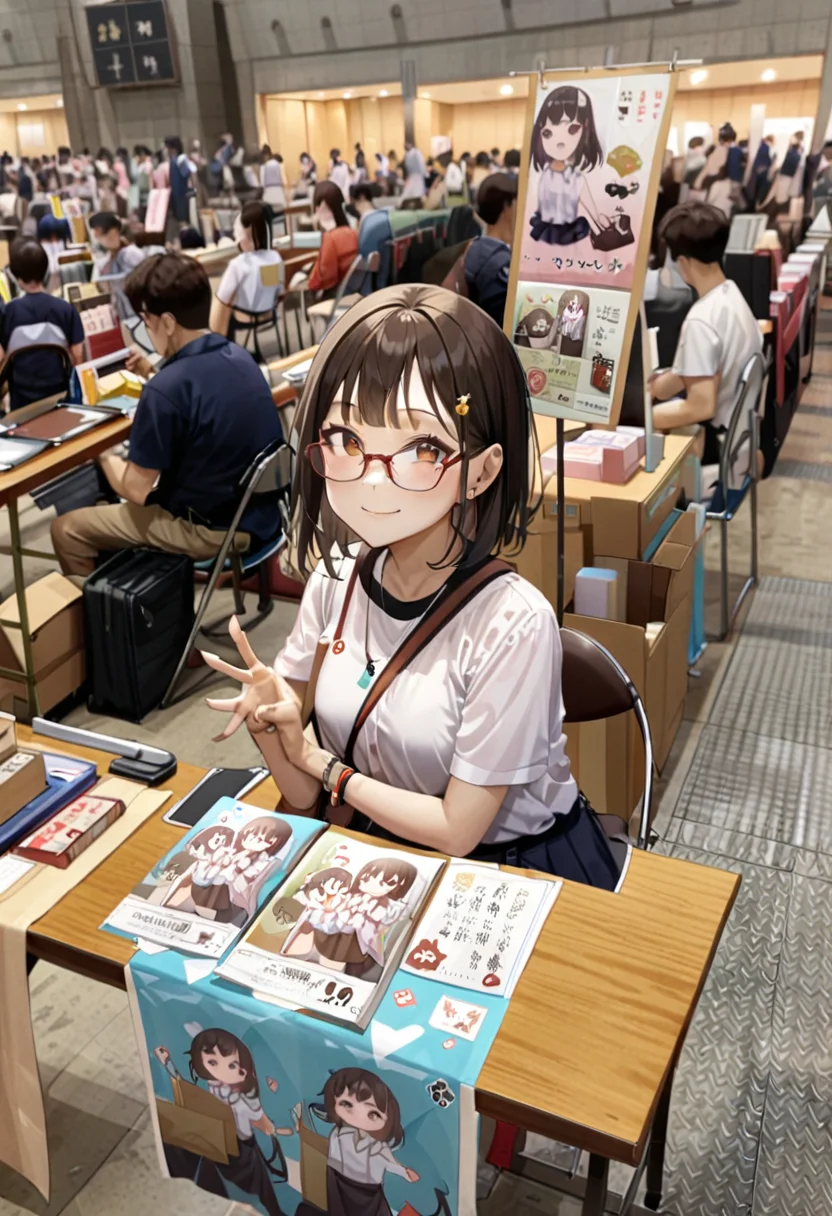 masterpiece, best quality, very aesthetic, absurdres,
1girl, solo, glasses, black hair, medium hair, looking at viewer, smile, short sleeves, shirts, skirt, sitting,
comiket, table, chair, book, indoors, bag, multiple boys, 6+boys, box, shirt, brown hair, realistic, multiple girls, black hair, real world location, white shirt, photo background
<lora:comiket_circle_space_SDXL_V1:1>