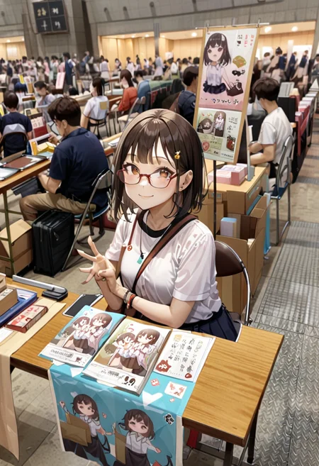 masterpiece, best quality, very aesthetic, absurdres,
1girl, solo, glasses, black hair, medium hair, looking at viewer, smile, short sleeves, shirts, skirt, sitting,
comiket, table, chair, book, indoors, bag, multiple boys, 6+boys, box, shirt, brown hair, realistic, multiple girls, black hair, real world location, white shirt, photo background
<lora:comiket_circle_space_SDXL_V1:1>