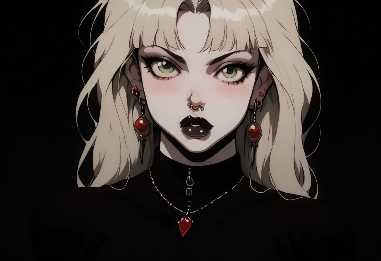 1girl, Kalluto Zoldyck, ((Goth Girl with very pale skin)),   black eyeliner , black lips, big breasts, big ass, thick lips, big lips, large lips,  bimbo lips, enormous lips, big thighs ,excessive pubic hair, plump, abs, wide hips, thick thighs, huge round ass, puckering lips, pouting face, (((blond hair))), two tone hair, 
 lip piercings, nose piercings, multiple ear piercings, navel piercings, septum piercing, 
score_9, score_8_up, score_7_up, score_6_up, source_cartoon, rating_explicit 
The background is a goth style bedroom,  lilandavastyle,
perfect slim figure, red earrings,  blonde, big ass, long braid, big breast, red high top shoes, blush stickers, makeup eyelids, freckles on the face, green eyes, a strand of long hair above the temples, excessive pubic hair, hairy stomach, hairy armpits, happy trail, skin dentation