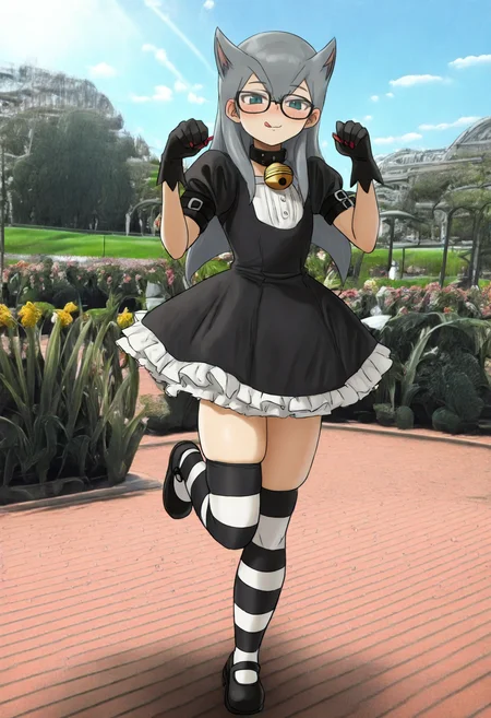 best quality, amazing quality, very aesthetic, full body, <lora:Gishiki:1>, solo, 1girl, <lora:Cathy (Yu-Gi-Oh! ZEXAL):1>, cathy, grey hair, ck1, black glasses, arm belt, black dress, puffy short sleeves, juliet sleeves, frilled dress, frills, black choker, black collar, neck bell, black gloves, sharp nails, red nails, striped thighhighs, skindentation, black mary janes, standing on one leg, leg up, paw pose, smile, tongue out, closed mouth, blush, looking at viewer, photo background, park, garden, grass, flowers, blue sky, clouds, sunlight, outdoors, <lora:ChamIllustriousBackgroundEnhancer:1>