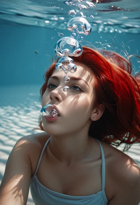 score_9, score_8_up, score_7_up, score_6_up, score_5_up, score_4_up
underwater photo of 1girl blowing air bubbles, red hair floating around her head, air bubbles around face, air bubbles raising
profile view
underwater lighting, blue tint light, sandy sea floor
