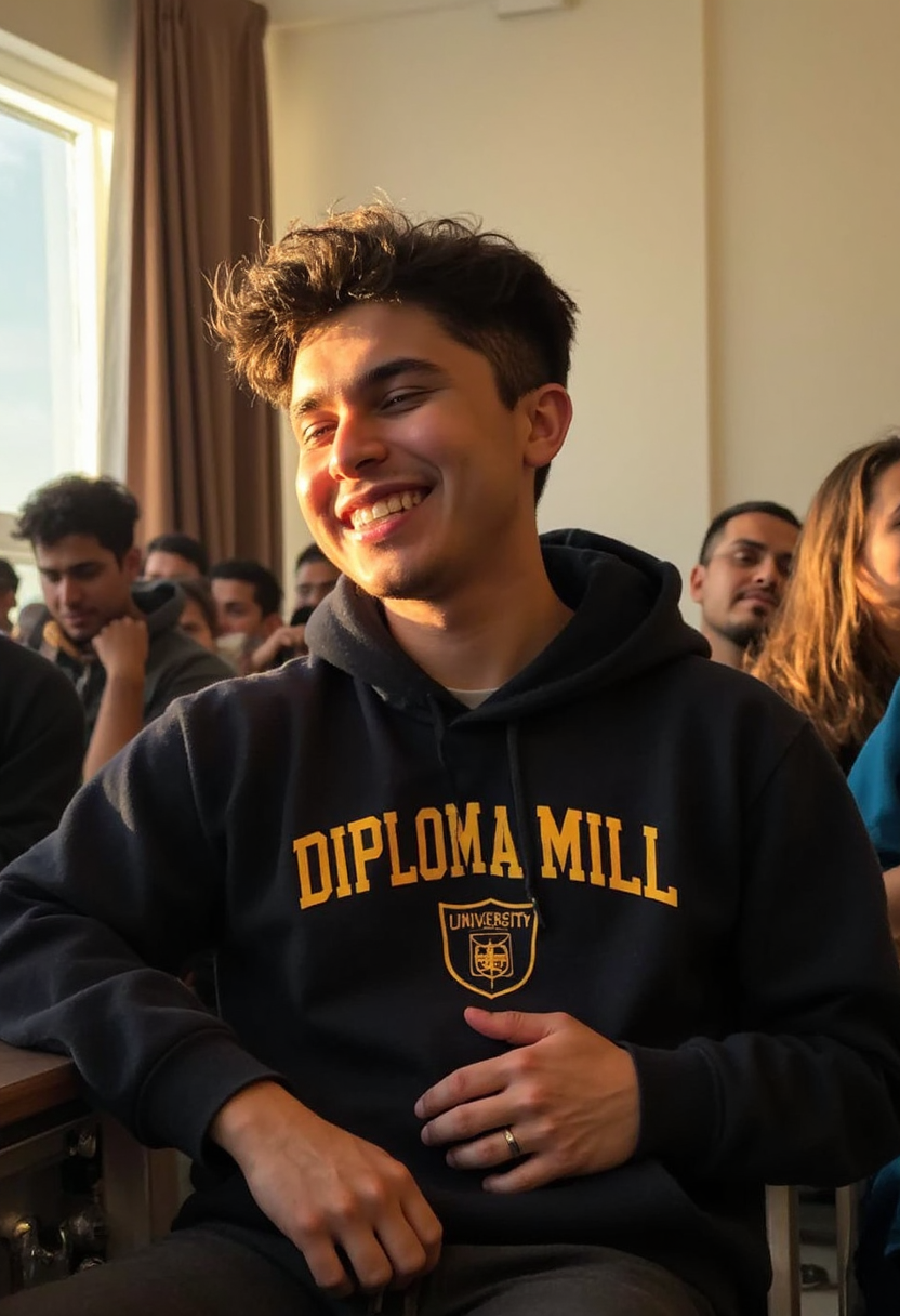 photo of a 20 y.o. man student frat bro sitting in a lecture hall, laughing, wearing a hoodie with a univeristy logo and the text "DIPLOMA MILL" in bold letters, sunny day, warm light <lora:mobile-000081:1>
