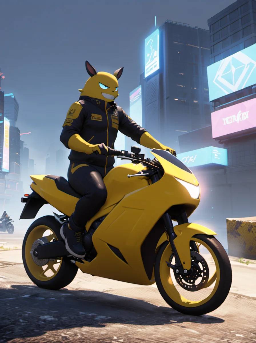 palworld-grizzbolt, pokemon, <lora:palworld_grizzbolt_xl_v1-000019:0.85>, furry male, yellow skin, (pot belly:1.2), face an audience, lighting tatto,
(riding motorcycle:1.5), solo, ground vehicle, motor vehicle, gloves, jacket, looking at viewer, reflected light, (helmet), black jacket, long sleeves, (wedgie:1.3), outdoors, cropped jacket, (ultra detailed perfect piece:1.2), illustration, masterpiece, (extremely detailed CG 8k), (very fine 8K CG), cyberpunk style, cyberpunk, city