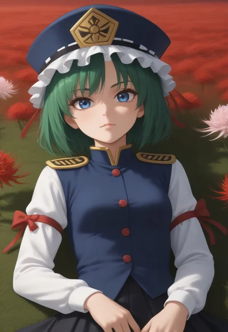 1girl, solo, solo focus, highres, absurdres, shikieiki, green hair, frilled hat, blue eyes, blue headwear, short hair, bangs,
long sleeves, black skirt, white shirt, blue vest, red ribbon, epaulettes, small breasts, arm ribbon, buttons, 
looking at viewer, lying, on back, 
spider lily, flower field, night sky, red sky, dark,