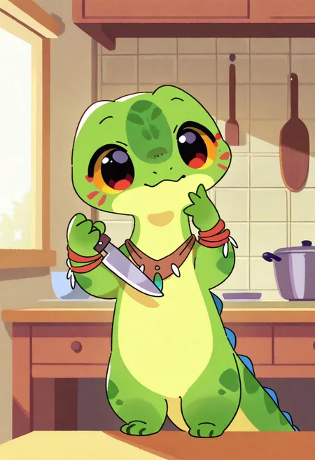 (masterpiece, best quality, high quality, highres), very awa, highres, absurdres,
(naguru \(cyoroama\), (chii-kun \(seedyoulater\):0.7), 
pikaole, cute, animal focus,
(lizard:1.1), embarassed, on kitchen desk, 
(cute:1.2),
tribal girl holding knife, cowboy shot,