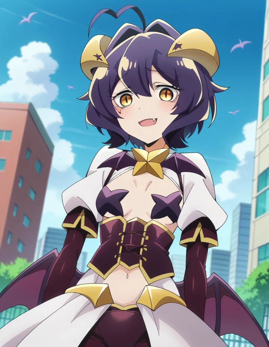 score_9, score_8_up, score_7_up, source_anime,
utenahiiragi, <lora:utena-hiiragi-ponyxl-lora-nochekaiser:1>
utena hiiragi, short hair, yellow eyes, purple hair, ahoge, hair intakes,
navel, wings, horns, fang, demon girl, demon horns, demon wings,
outdoors, cityscape, smile,
looking at viewer, dutch angle, cowboy shot