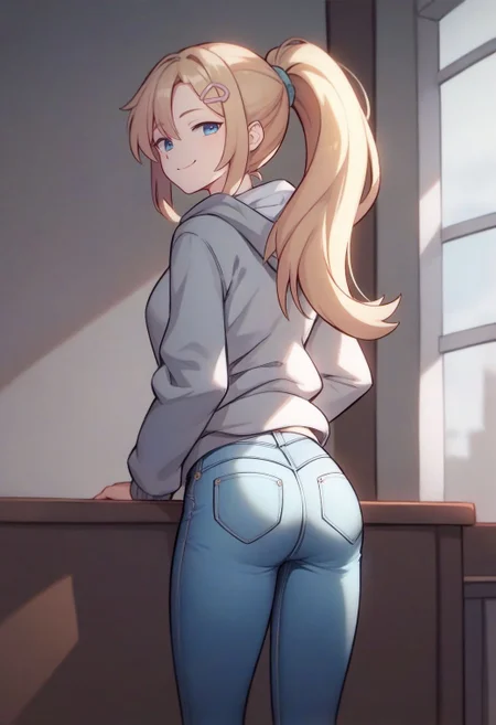 score_9, score_8_up, score_7_up, score_6_up, traditional media, tsukar3ta style,
1girl, solo, long hair, looking at viewer, smile, hair ornament, long sleeves, closed mouth, blue eyes, standing, ponytail, ass, hairclip, looking back, indoors, hood, clothes lift, from behind, blond hair, hoodie, hood down, smug, grey hoodie, jeans,
<lora:tsukareta_san_style:0.8>,
<lora:fix_hands:1.5>,