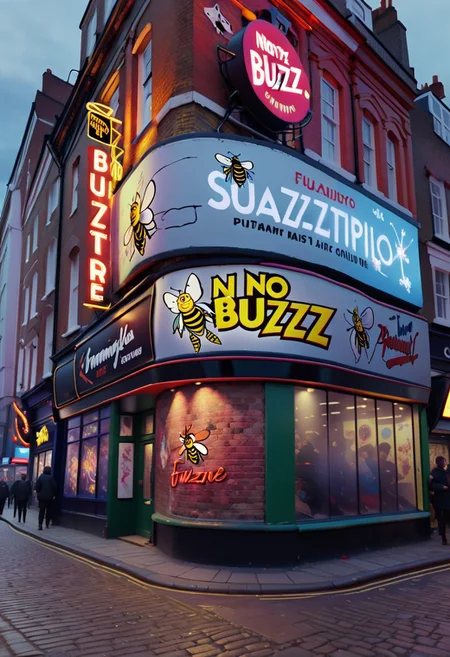 logo,text,sign that says,("NO BUZZ NO FUTURE":1.7), outdoors, wall, street, shops, beautiful view, typical London brick walls, paint, neon graffiti, surreal, piccadilly circus, punk, skiing -fi, dramatic lighting, cinematic, atmospheric, intricate detail, extreme detail, UHD, 8k, masterpiece