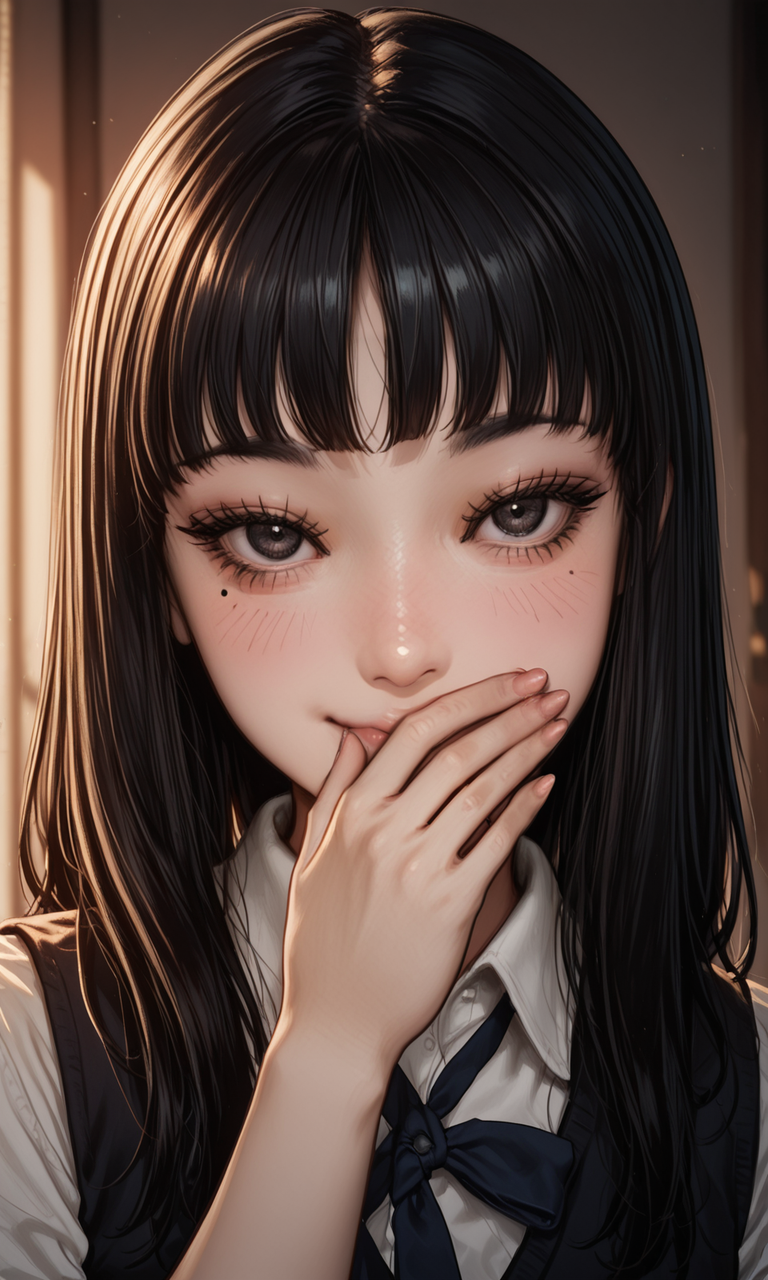 1girl, tomi3, black hair bangs, school uniform, close-up, mole, eyelashes, mole, hand over mouth, covering mouth, giggle, blush, eyelashes, dramatic lighting, dark lighting, contrast lighting, looking at viewer, embedding:IllustriousQual, embedding:Smooth Quality, 1girl, tomi3, black hair bangs, school uniform, close-up, mole, eyelashes, mole, hand over mouth, covering mouth, giggle, blush, eyelashes, dramatic lighting, dark lighting, contrast lighting, looking at viewer, embedding:IllustriousQual, embedding:Smooth Quality,<lora:MoriiMee_Gothic_Niji_Style_Illustrious_r1.safetensors:0.2:0.2> <lora:tomi3.safetensors:1:1>