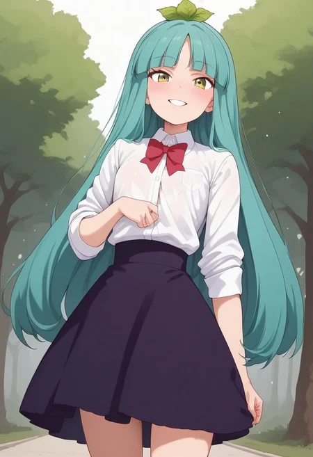 score_9, score_8_up, score_7_up, source_anime, (1girl),(solo)
BREAK,
HDA_MasterpieceXL_v.1,perfect hands
BREAK
1girl:   <lora:sandra ST300N-v:1>, sandra,tiny woman,petite,green eyes, blue-green hair, long hair, knee-length hair, three leaves on her head, flat breasts, white shirt, red bow, long skirt, black skirt,,short stature,
BREAK
standing,park