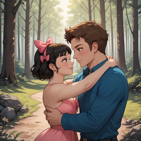 masterpiece, best quality, score_9, break. Ella_X_Topher, (1boy, Topher, Brown hair), break, (1girl, Ella, Black hair, hair bow), hug, forest, natural lighting