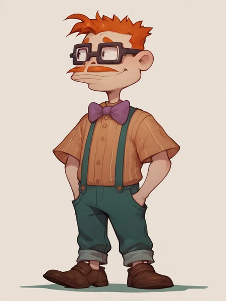 score_9, score_8_up, score_7_up, score_6_up, score_5_up, <lora:chasfinsterXLP:1> chas finster, 1boy, bowtie, glasses, mustache, orange hair, full body, solo