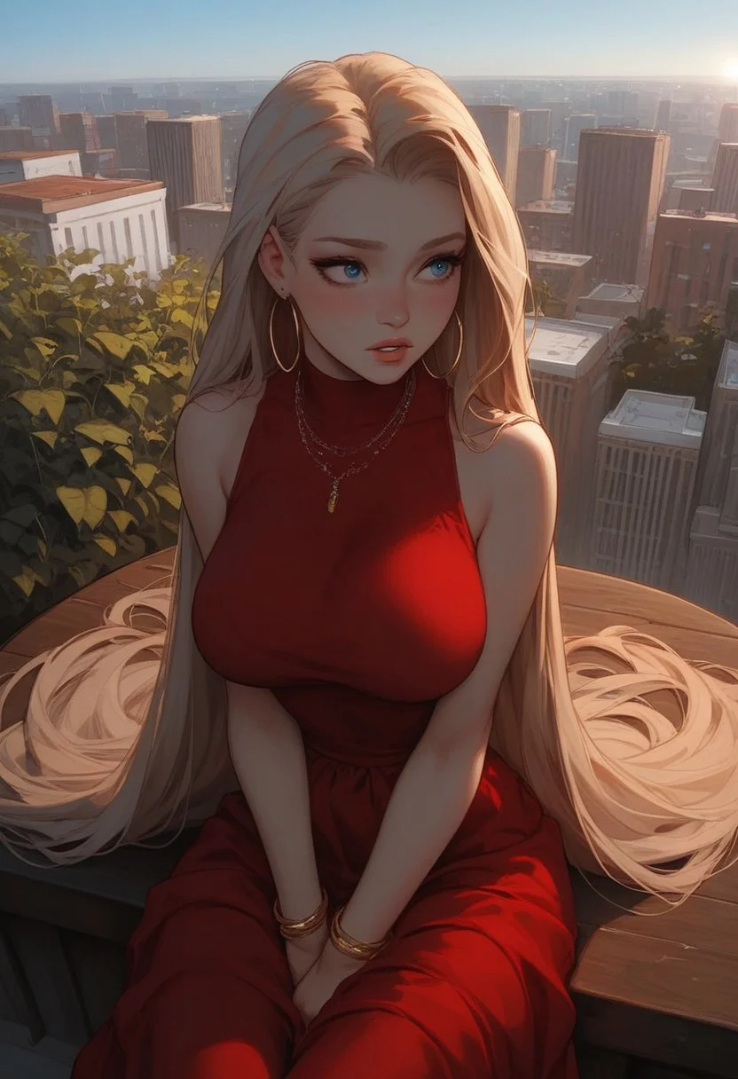 masterpiece, score_9, score_8_up, score_7_up, EasyNegative_v2, (best quality:1.1), ultra-detailed, high resolution, super detailed skin, Highly Visible, 8k, sharp focus, beautiful, perfect lighting, smooth edges, 1girl, cute girl, sexy, beautiful, white skin, on a date, rooftop, big city, day, skyscraper, colorful rooftop, flowers and bushes, sitting on stall, round table, (pressing breasts together), curvy body, soft belly, belly, 1girl, sexy girl, bright blue eyes, makeup, (very long hair), ((clear blond HAIR)), twin meshes, narrow waist, 18 years old, perfect eyes, big eyes, shy, ((looking away embarassed)), perfect teeth, pouty lips, glossy lips, sexy, big breasts, round breasts, smooth skin, golden hoop earrings, red dress, sleeveless, golden bracelet, golden necklace, blushing, day, sun rays, blue sky, front angle view