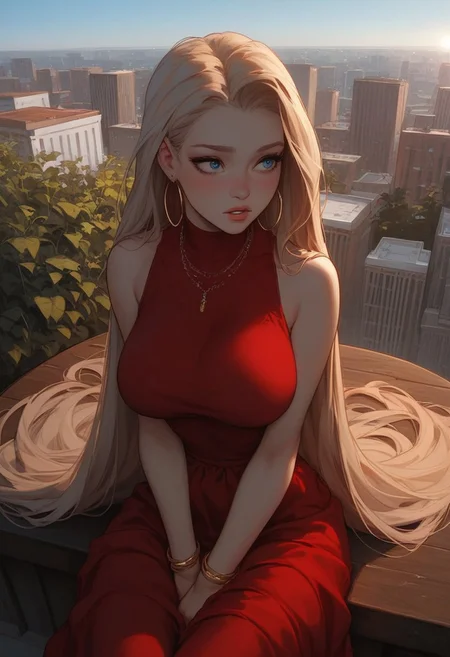 masterpiece, score_9, score_8_up, score_7_up, EasyNegative_v2, (best quality:1.1), ultra-detailed, high resolution, super detailed skin, Highly Visible, 8k, sharp focus, beautiful, perfect lighting, smooth edges, 1girl, cute girl, sexy, beautiful, white skin, on a date, rooftop, big city, day, skyscraper, colorful rooftop, flowers and bushes, sitting on stall, round table, (pressing breasts together), curvy body, soft belly, belly, 1girl, sexy girl, bright blue eyes, makeup, (very long hair), ((clear blond HAIR)), twin meshes, narrow waist, 18 years old, perfect eyes, big eyes, shy, ((looking away embarassed)), perfect teeth, pouty lips, glossy lips, sexy, big breasts, round breasts, smooth skin, golden hoop earrings, red dress, sleeveless, golden bracelet, golden necklace, blushing, day, sun rays, blue sky, front angle view