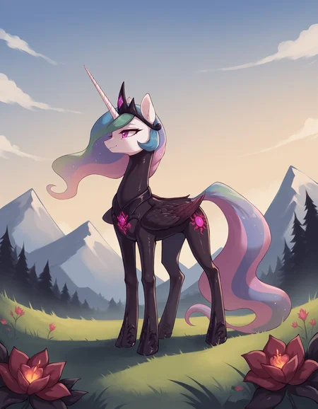 score_9, score_8_up, score_7_up, score_6_up, score_5_up, score_4_up
corrupted celestia, solo, feral pony, black (b34n bodysuit:1.2), pubic tattoo, fallen to evil, brainwashed, black crown, standing BREAK
outdoors, mountain, day, sky, flower, mountainous horizon, blue sky, grass <lora:Smooth Anime Style LoRA XL:1> <lora:b34n-ponyxl-1:0.6>