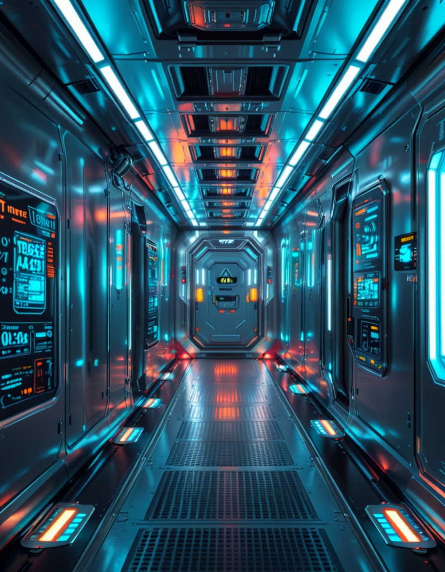 A highly detailed futuristic spaceship corridor, illuminated by soft neon blue and purple lights. The walls are made of sleek metallic panels, with glowing circuits and holographic displays integrated into the design. The floor is reflective and polished, with a faint grid pattern that emits a subtle white glow. Pipes and cables run along the ceiling, interspersed with small ventilation grids and blinking lights. The corridor stretches into the distance, creating a sense of depth, with a slight curve that hints at the massive scale of the spacecraft. The atmosphere feels clean, modern, and slightly sterile, with a sci-fi aesthetic inspired by movies like Blade Runner and Star Wars. The overall lighting is ambient and slightly dim, accentuating the futuristic ambiance. No characters or people are present, focusing entirely on the corridor's architecture and design.<lora:SDXLFaeTastic2400:0.4> <lora:extremely_detailed:0.4> extremely detailed, <lora:futuristic_spaceship_c0rr1d0r:1>,futuristic spaceship c0rr1d0r, Masterpiece,best quality,hi res,8k,hi res,8k,award winning,(sharp focus, intricate, highly detailed),