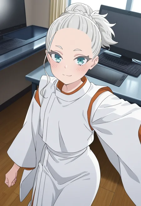 masterpiece,best quality,absurdres,perfect lighting,indoors,window,monitor,drawing tablet,desk,wooden floor,
*//*,<lora:HealerGirl_Sonia_Yanagi-Illustrious:1>,sonia_yanagi,1girl,solo,grey hair,aqua eyes,forehead,japanese clothes,white dress,long sleeves,wide sleeves,
*//*,looking at viewer,cowboy shot,dutch angle,dynamic pose,light smile,