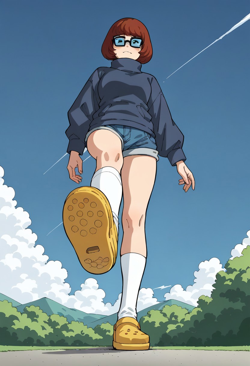 score_9, score_8_up, score_7_up, source_anime,
 BREAK 
1girl, velma, blue jacket, denim shorts, looking at viewer, from below, full body, standing, outdoors, perfect legs, perfect face, perfect eyes,
 BREAK 
yellow crocs, crocs, white socks, standing on one leg,
 BREAK 
hud_v4nspose, sky, foreshortening, perspective,